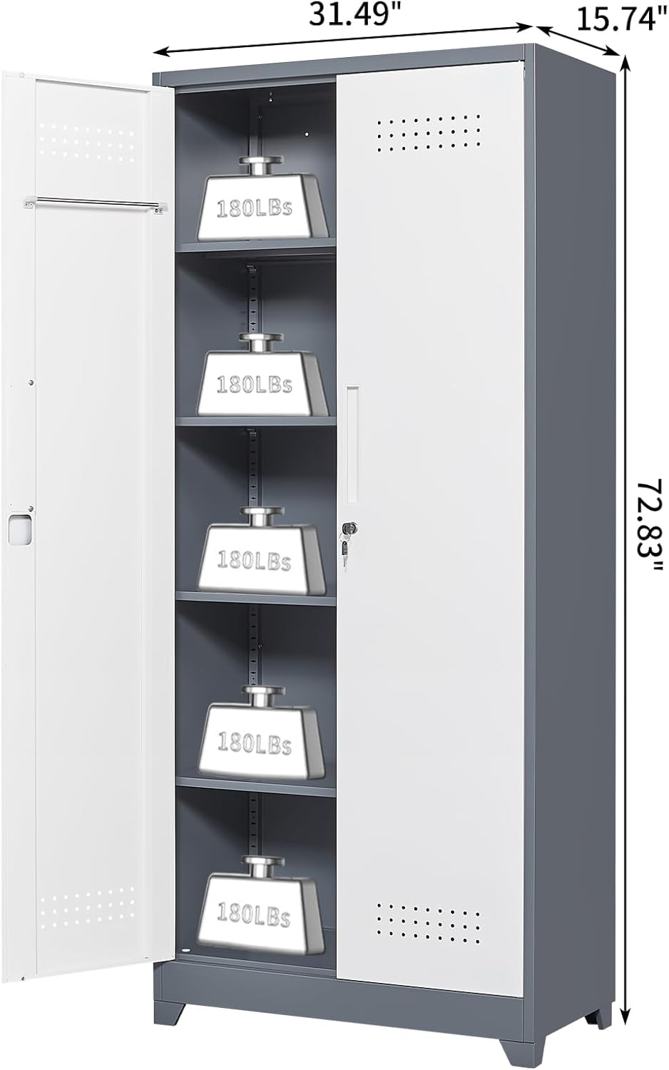 Broom Storage Cabinet, Metal Cabinet with Shelves and Hanging Rod, 72.8" Utility Cabinets with Locking Door, Tall Cleaning Storage for Kitchen, Pantry, Office, Shop, Garage