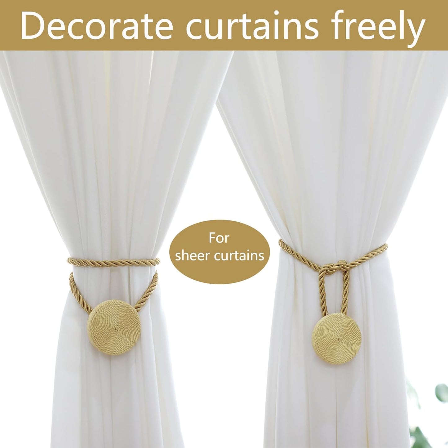 Magnetic Curtain Tiebacks - 12mm Magnetic Tie Backs for Curtains, Heavy Duty No Drill Curtain Holdbacks for Home/Office Windows Drapes, Elegant Gift-Ready Design 7 Colors (2, Gold)