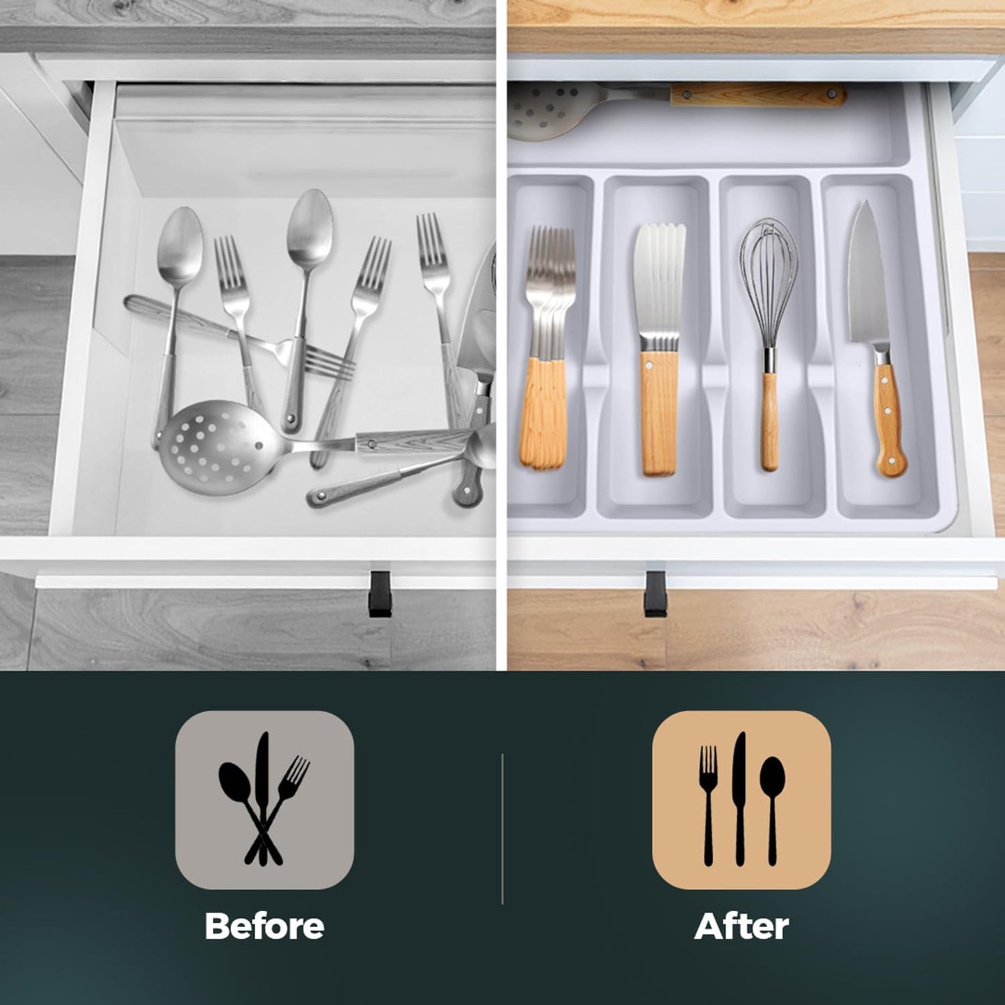 Silicone Silverware Drawer Organizer – Non-Slip Utensil Holder for Kitchen Drawers | Cutlery Tray for Forks, Knives, Spoons & More | Durable, BPA-Free, Easy to Clean – White