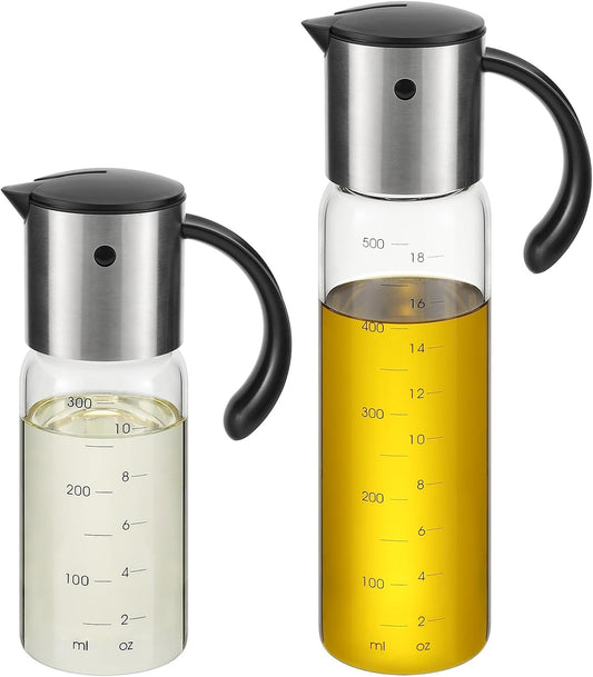 Vucchini Large Olive Oil Dispenser Bottle Kitchen Cooking Oil Dispenser Auto Flip Soy Sauce Container -Stainless Steel Leakproof Vinegar Glass Cruet (10 oz and 17 oz Set)