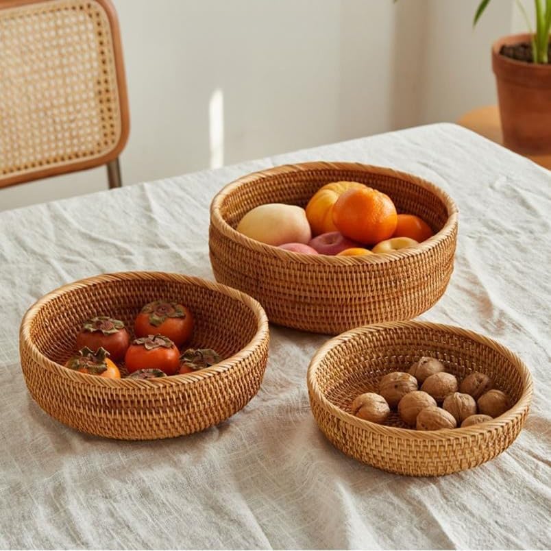 Rattan Bread Basket, Hand Woven Fruit Basket, Wicker Serving Basket Bowl, Decorative Baskets for Kitchen Counter Organizing, Set of 3 (Round)