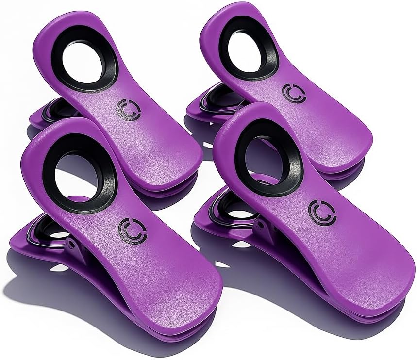 CoreClips Towel Clips for Beach Chairs - Set of 4 Pool Towel Holder Clips for Lounge Chairs on Cruise, Large 2.5” Opening Heavy Duty Clip for Towels on Boat Loungers with Travel Pouch - Purple
