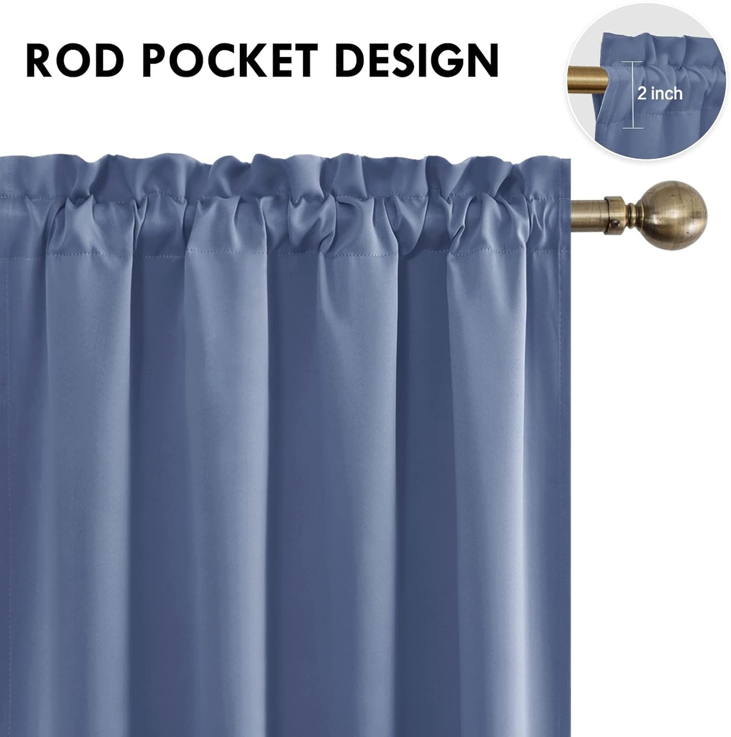 DWCN Blackout Curtains – Thermal Insulated, Energy Saving & Noise Reducing Bedroom and Living Room Curtains, Dusty Blue, W 52x L 84 Inch, Set of 2 Rod Pocket Curtain Panels