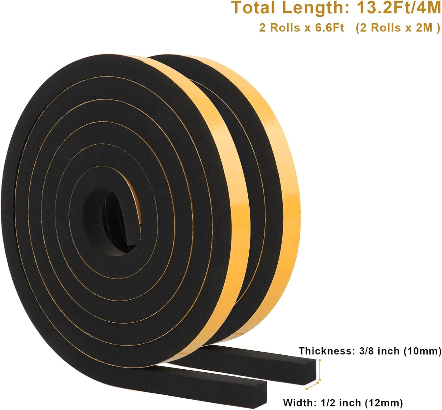 Weather Stripping Soundproof, 1/2 in x 3/8 in Weatherproof Foam Insulation Tapes, High Density Weatherstrip Seal Strips for Sliding Door Window, 2 Rolls Total 13Ft