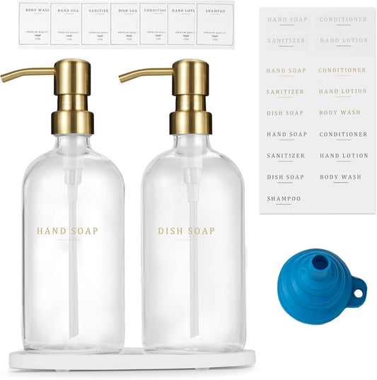 Glass Soap Dispenser - Dish Hand Soap Dispenser Set for Kitchen, Bathroom Soap Lotion Dispenser with 304 Rust Proof Pump, Tray, Clear Bottle/Gold Pump