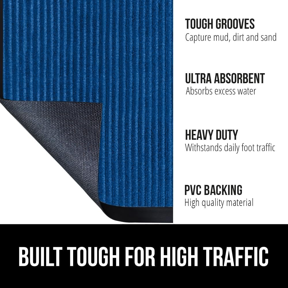 GORILLA GRIP Traffic Guard Door Mat, Heavy Duty Welcome Mats, Commercial Office Space Doormat, Waterproof, Fade Resistant, Strong Rubber Backing, Low Profile, Shoe and Boot Scraper, 35x23, Blue