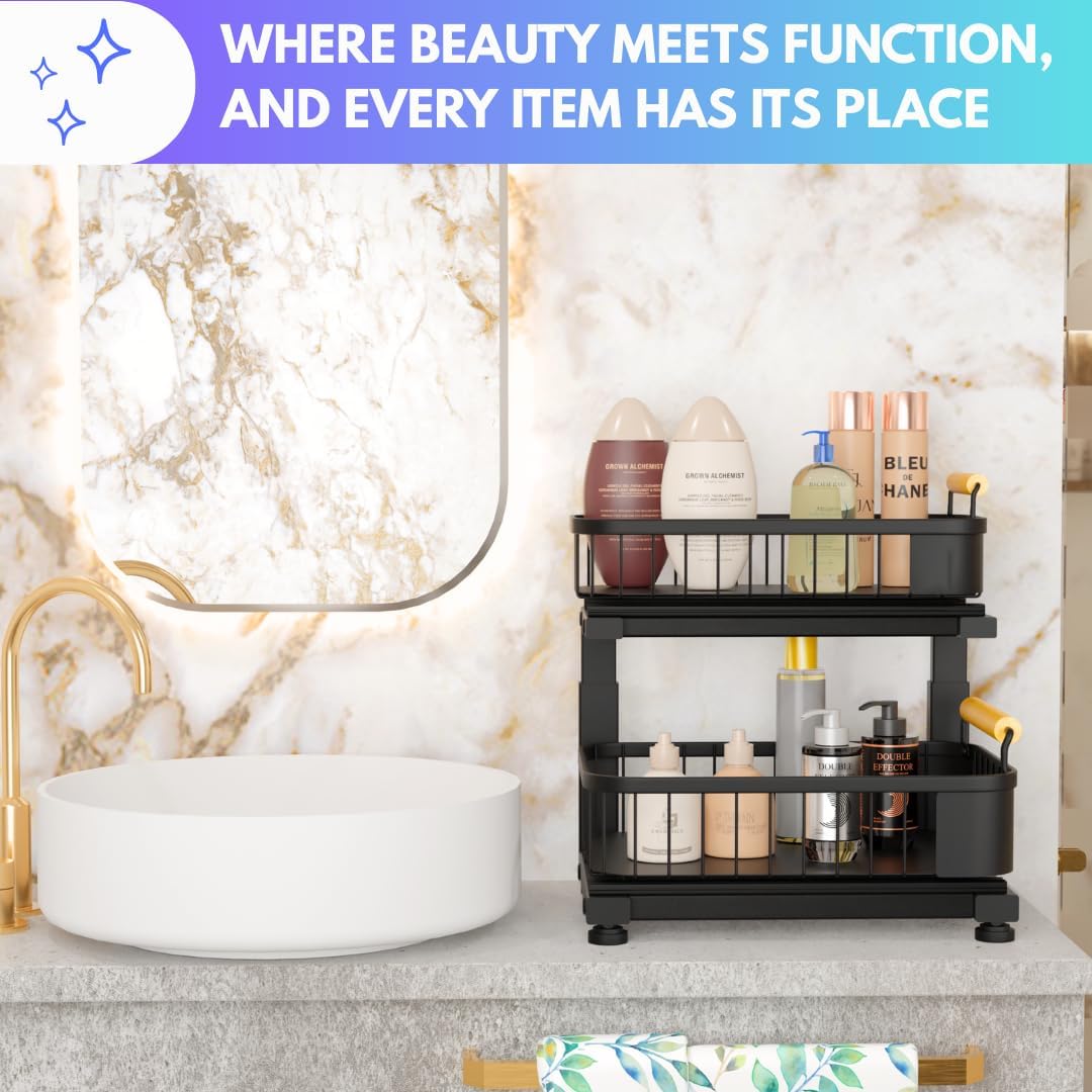 Premium Heavy Duty Carbon Steel Under Sink Organizer, 2 Tier Pull Out Cabinet Organizer, 7 Adjustable Heights with Smooth Ball Bearing Sliding Baskets for Bathroom & Kitchen