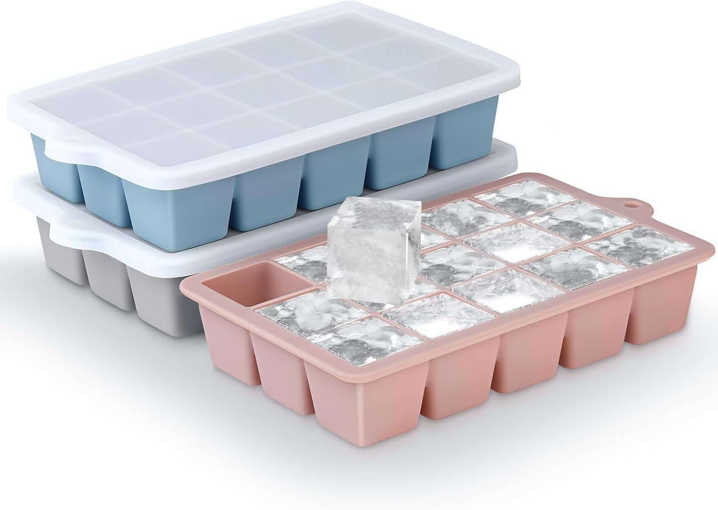 Silicone Ice Cube Trays 3Packs, Easy Release Ice Cube Molds with Lid, Freezer Stackable Ice Maker for Whiskey, Baby Food, BPA Free (Blue+Grey+Pink)