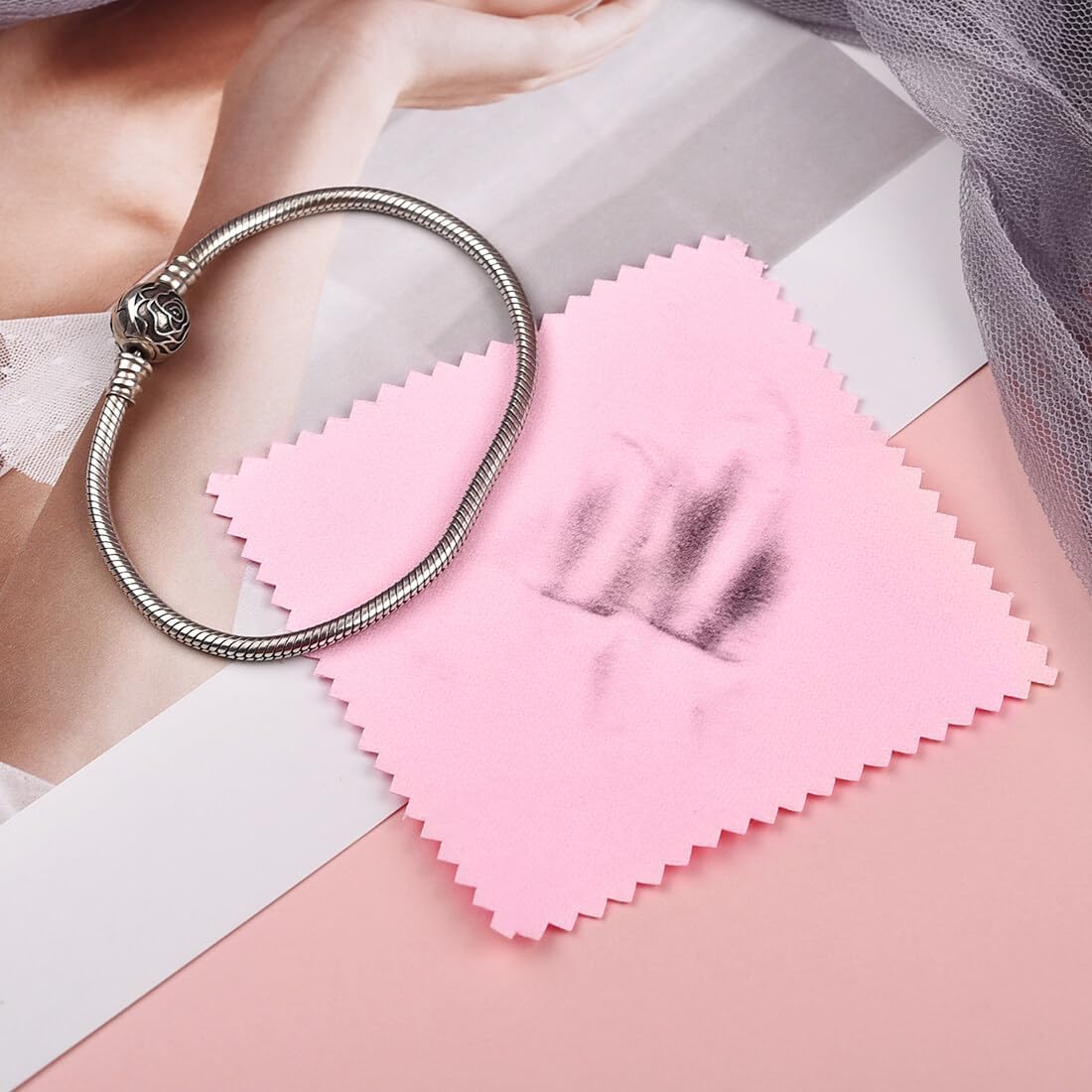 SEVENWELL 100pcs Jewelry Cleaning Cloth Pink Polishing Cloth for Sterling Silver Gold Platinum Small Silver Polish 8x8cm