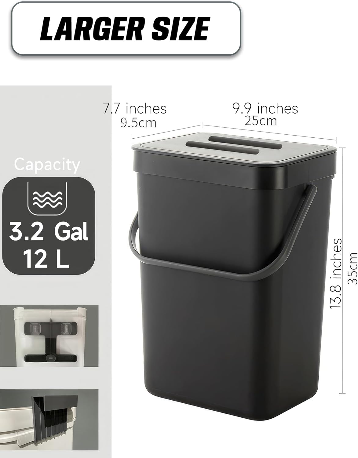 Kitchen Compost Bin - 3.2 Gallons Hanging Trash Can with Lid for Kitchen Bathroom, Under Sink Trash Can, Outdoor Compost Bucket with Lid, 12L(Black)