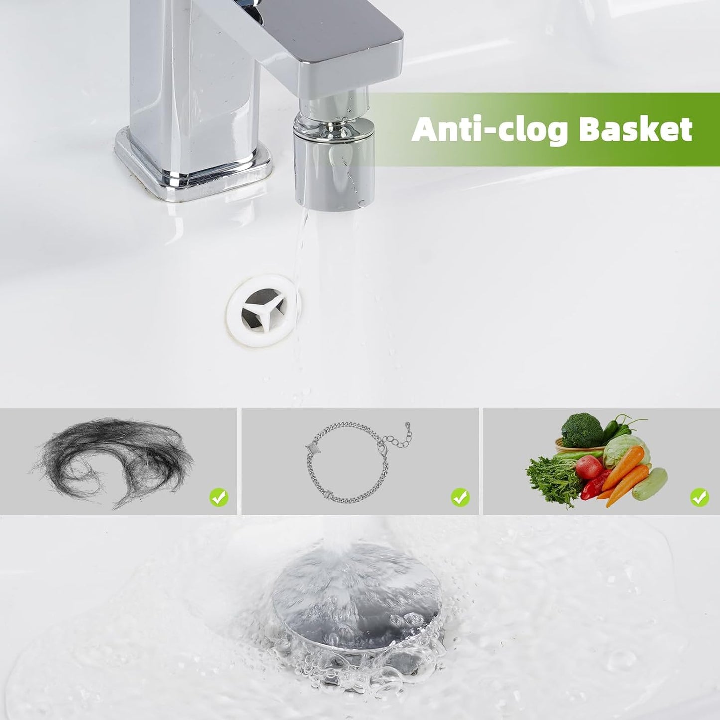 Universal 2PCS Bathroom Sink Stopper 2 in 1 Pop Up Metal Sink Drain Strainer with Hair Catcher, Fit for 1.1~2.36" Sink Basin Hole, Big Cover Cap, Anti-clog, Chrome
