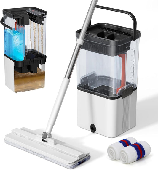 Mop and Bucket Set,Midyb Flat Mops and Bucket System with 2 Microfiber Pads,Mop and Bucket with Wringer Set,Automatic Separates Dirty and Clean Water,Wet and Dry Use Mops for Floor Cleaning