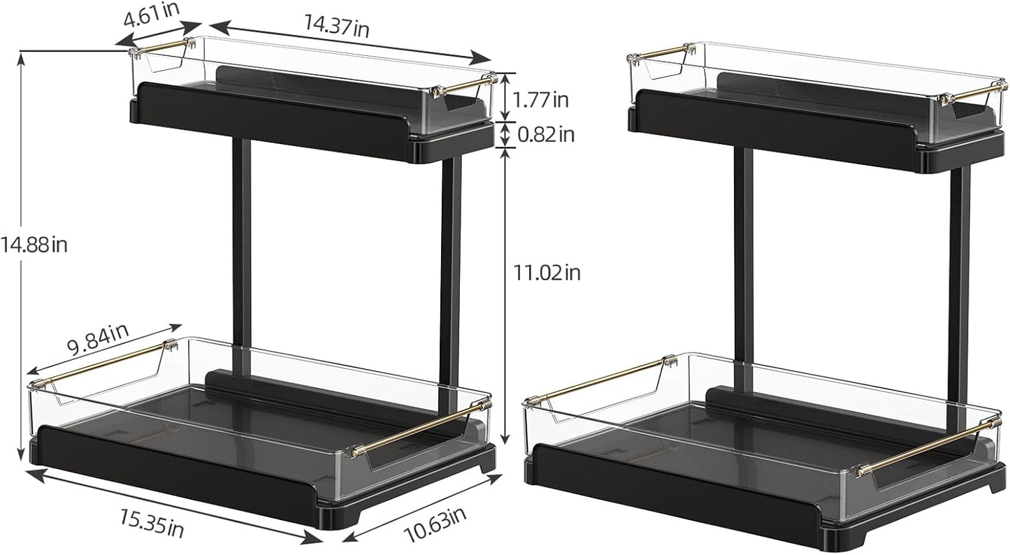 heart & home 2-Pack Under Sink Storage Organizer for Kitchen & Bathroom Cabinets with Removable Washable Tray, Tool-Free Assembly – Multi-Purpose for Vanity, Laundry & Countertop, Black