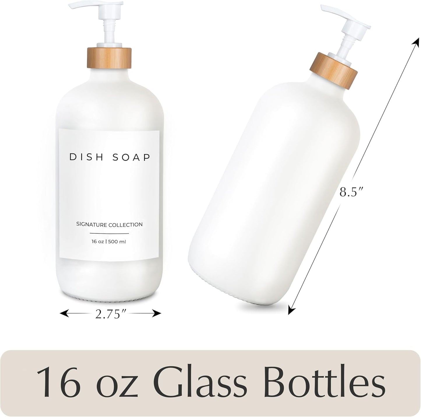 Emerson Soap Dispenser, Dish Soap Dispenser for Kitchen, Soap Dispenser Bathroom Set, Hand Soap Dispenser, Kitchen Soap Dispenser Set - Glass Soap Dispenser with Pump and Labels, 16 Oz, 2 Pack