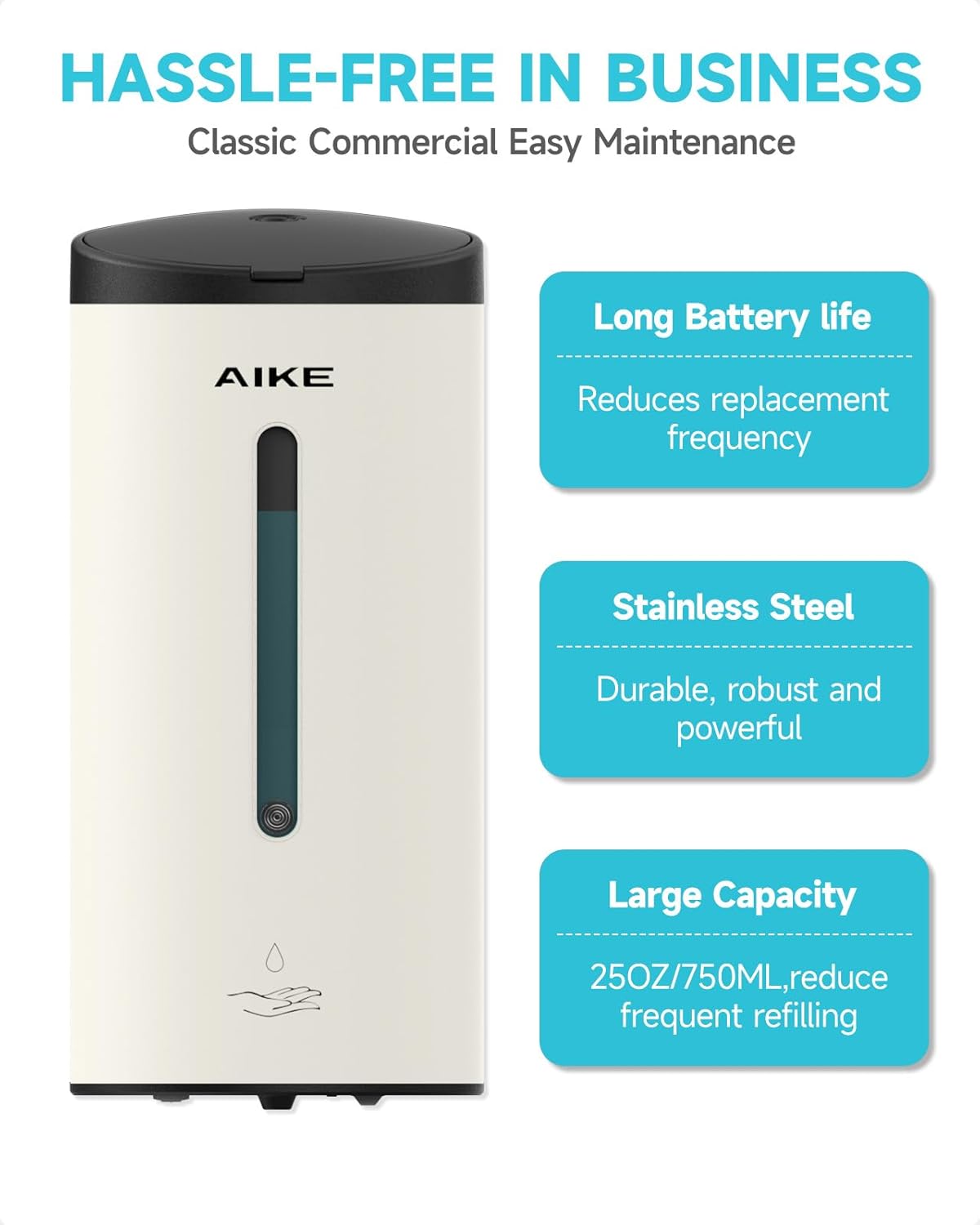 AIKE Automatic Wall Mount Liquid Soap Dispenser, Commercial Stainless Steel with 25oz Large Capacity Save Time Effort and Cost,Model AK1205 (Matte White)