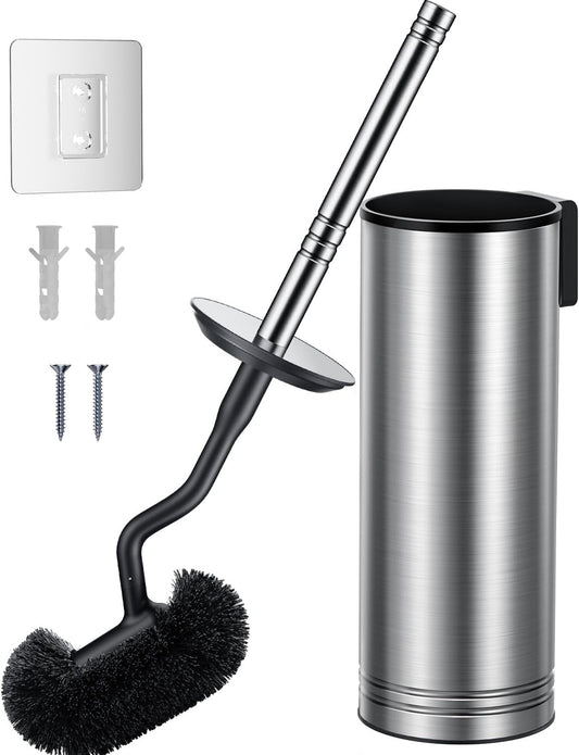 HAMITOR Toilet Brush and Holder Set: 304 Stainless Steel Heavy Duty Bowl Cleaner Brush - Deep Cleaning Under Rim Curved Bristle - Space Saving Wall-Mounted for Home RV Bathroom Accessories Silver