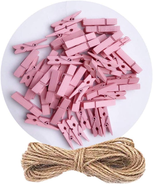 DurReus Tiny Clothes Pins Colorful Hang Up Photographs Drawings Party Clips Decor Baby Shower Game with Twine Pack 50 Pink