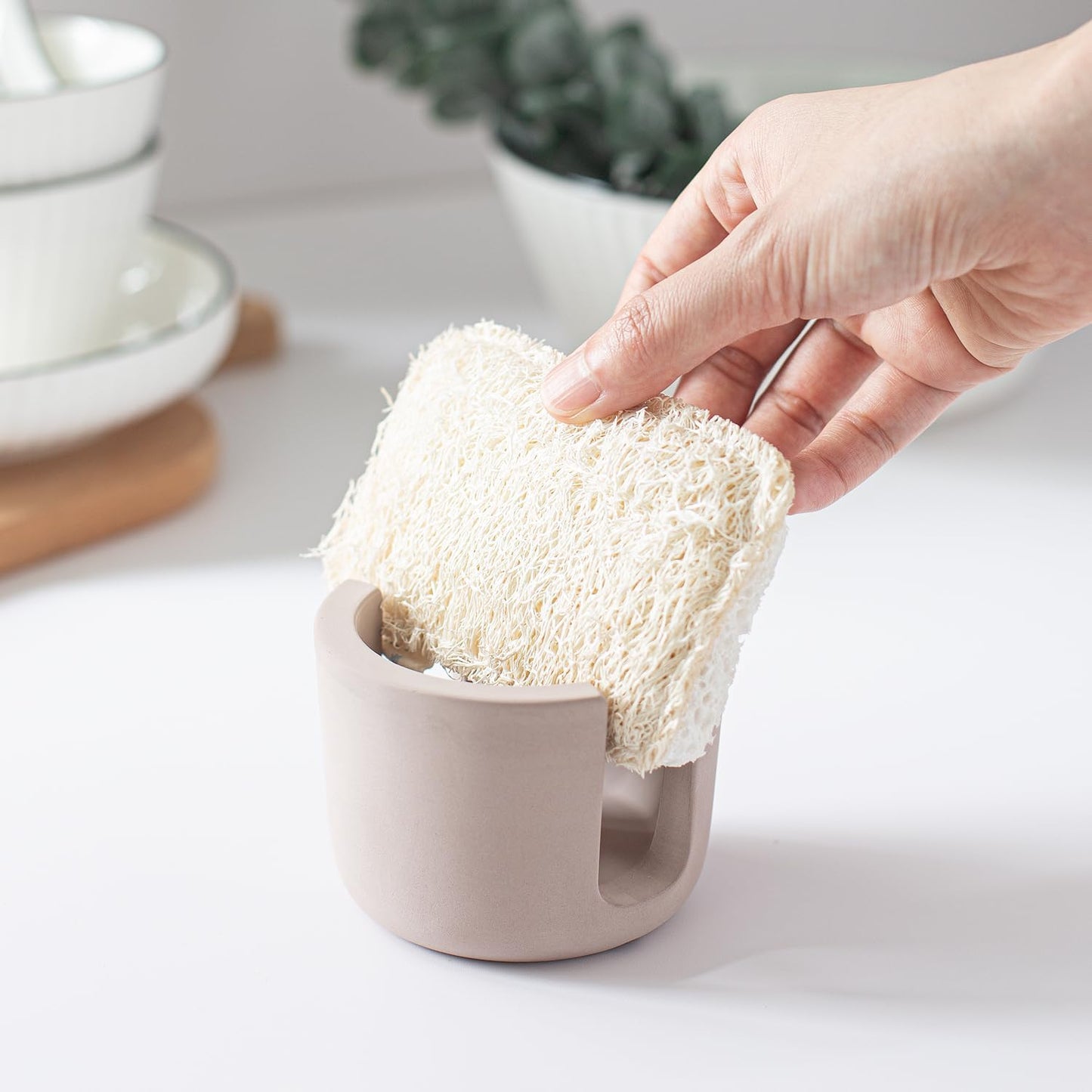 MOPHONICHOME Sponge Holder, Stone Sponge Holder For Kitchen Sink - Diatomite Kitchen Sink Caddy, Quick Dry, Super Absorbent, Modern Design, Brown