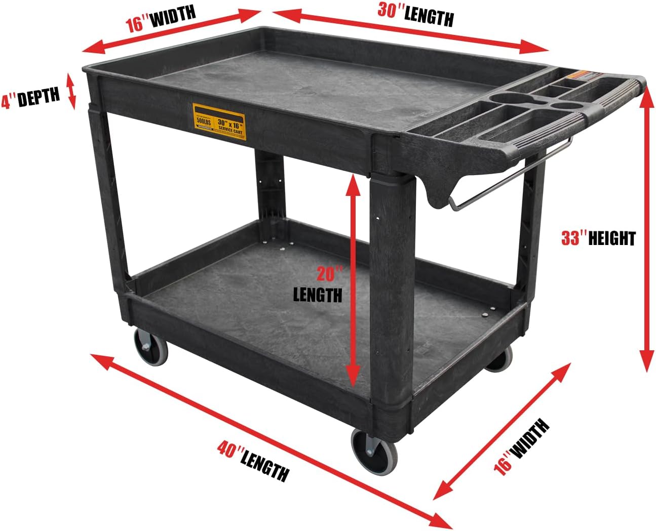 Utility Service Cart, 2-Shelf 500LBS Heavy Duty Plastic Rolling Utility Cart with 360° Swivel Wheels, Lipped Shelves, Ergonomic Storage Handle for Warehouse/Garage/Cleaning/Manufacturing