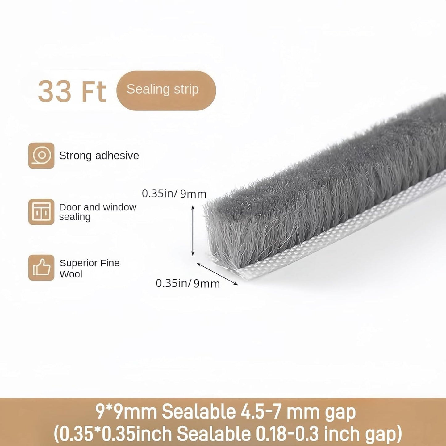 33 Ft Self-Adhesive Weather Stripping Door Seal Strip for Door Window, 0.35" Wide x 0.35" Thick, Gray