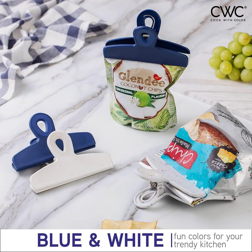 COOK WITH COLOR Bag Clips - Heavy Duty Chip Clip and Refrigerator Magnet Clips for Food Storage with Air Tight Seal Grip, Blue and White, Pack of 8 Large Clips