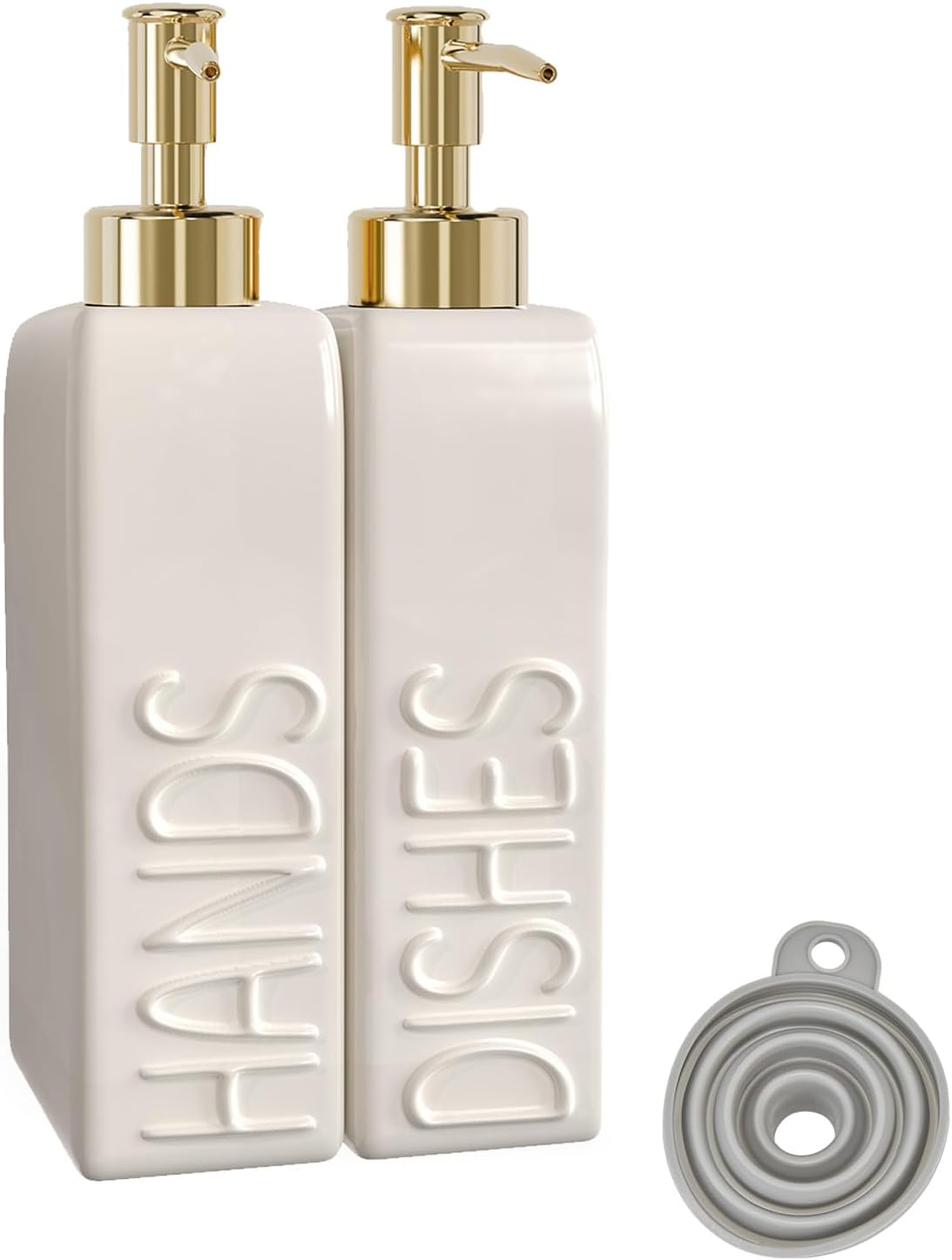 Soap Dispenser Set with Gold Stainless Steel Pump and a Funnel, 2 Pack Modern Ceramic Refillable Hand and Dish Soap Dispenser for Kitchen, Bathroom, Matte White