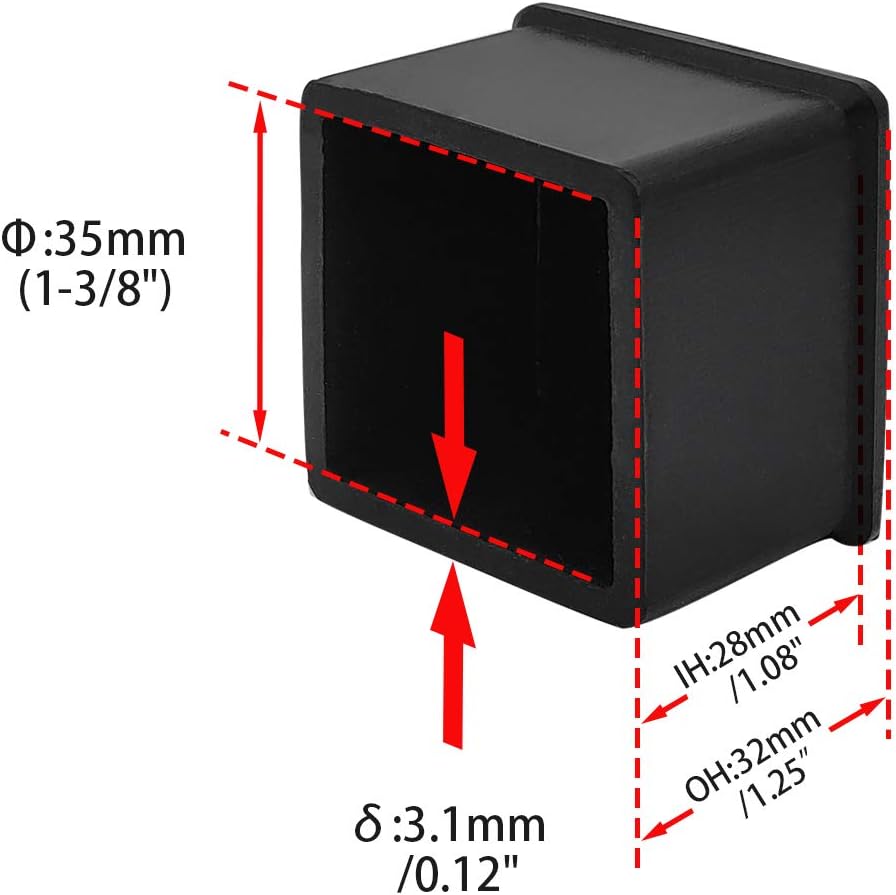 Flyshop Non-Slip Thick Rubber Leg Tips Floor Protectors Square Chair Leg Caps 20pcs, Black, 35 mm x 35 mm, 1-3/8" x 1-3/8"