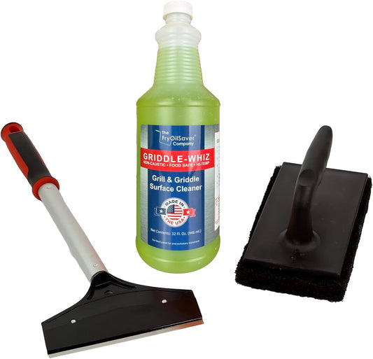 Griddle-Whiz 3 Piece Griddle Cleaning Kit | Liquid Grill Cleaner w/Griddle Scraper & Scrubber Pad for Flat Top Grills | For Blackstone Accessories by FryOilSaver (32oz Bottles)