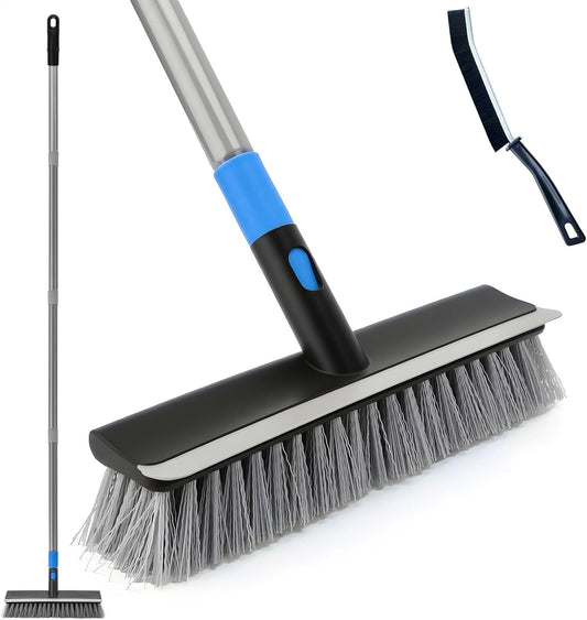 KeFanta Deck Brush with Long Handle, 2 in 1 Floor Scrub Brush for Cleaning, 56" Stiff Bristle Outdoor Scrubber Brush for Patio Concrete Boat Garage Bathroom Kitchen Wall Shower
