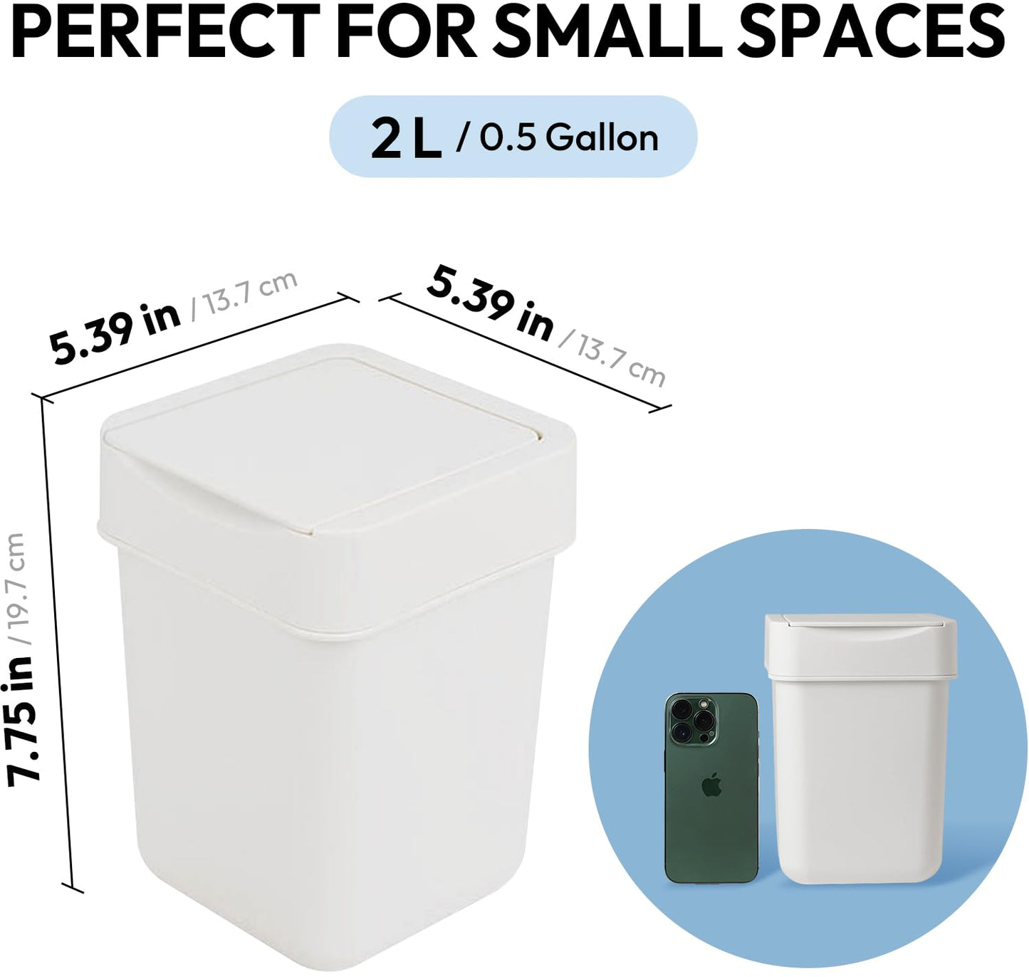 carrotez Mini Trash Can, Countertop Trash Can with Lid, 2 Liter/ 0.5 Gallon, Waste Basket, Garbage Container for Coffee Bar, Bathroom, Kitchen, Office, Desk, Bedroom - White