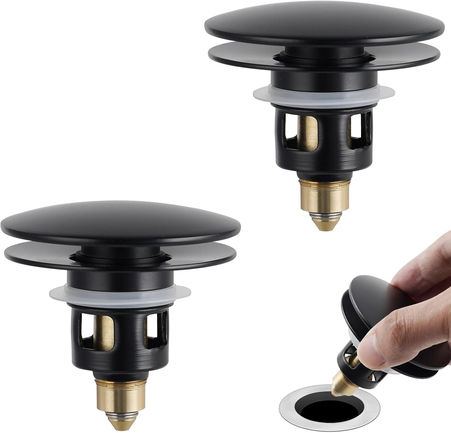 Universal 2PCS Bathroom Sink Stopper 2 in 1 Pop Up Metal Sink Drain Strainer with Hair Catcher, Fit for 1.1~2.36" Sink Basin Hole, Big Cover Cap, Anti-clog, Matte Black