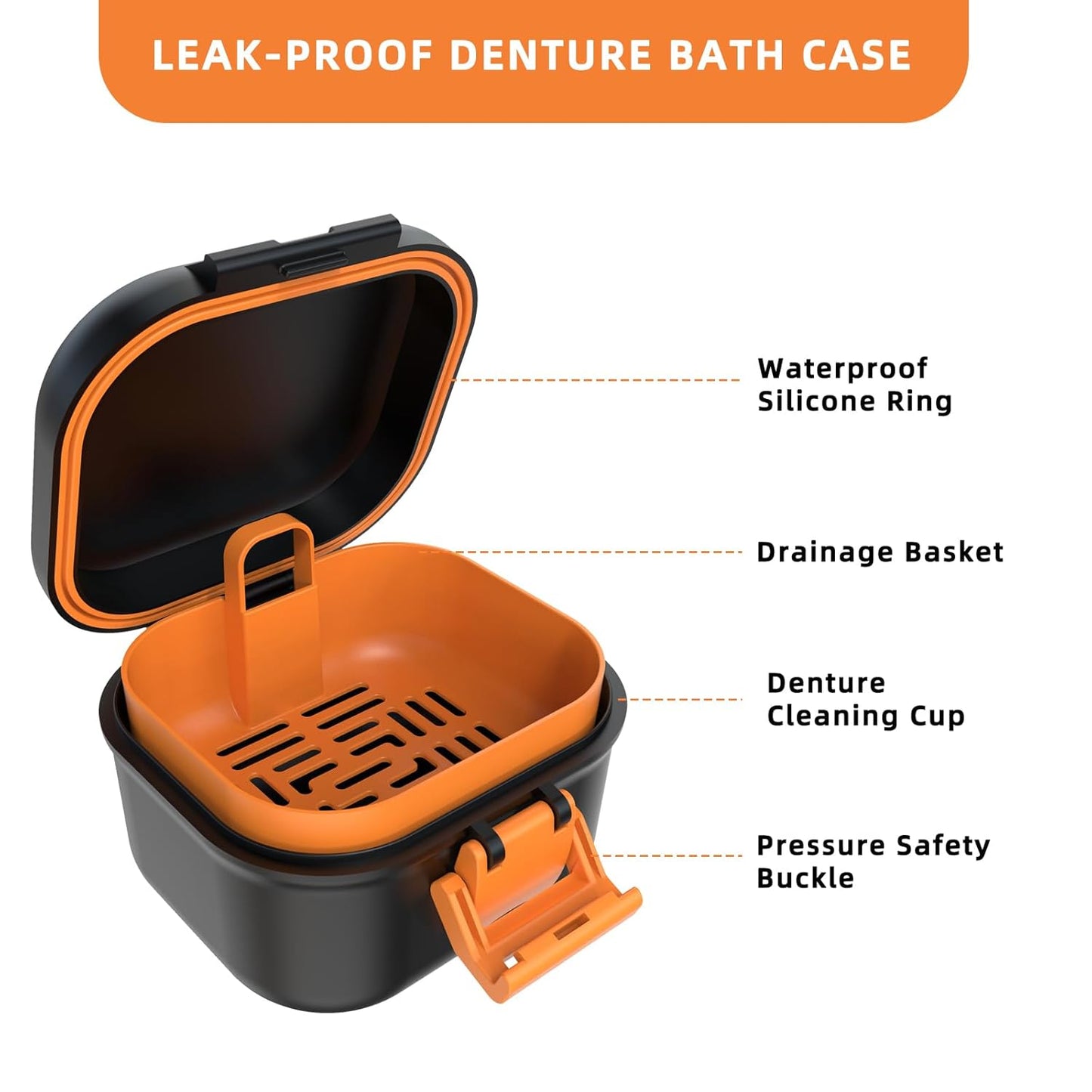 ARGOMAX Leak Proof Denture Bath Cup, Portable Soaking Denture Box, Denture Bath Case with Strainer, for Dentures and Braces (Black + Orange).