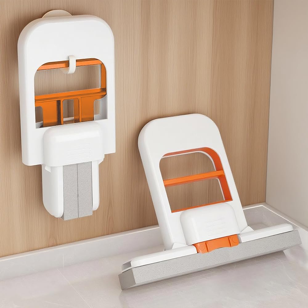 Mini Foldable Desktop Mop, Wet and Dry Portable Cleaning Sponge Mop,Self Squeezing Mini Sponge Mop with One Replaceable Head,for Small Spaces,Bathroom,Kitchen,Glass (Orange/2pcs)