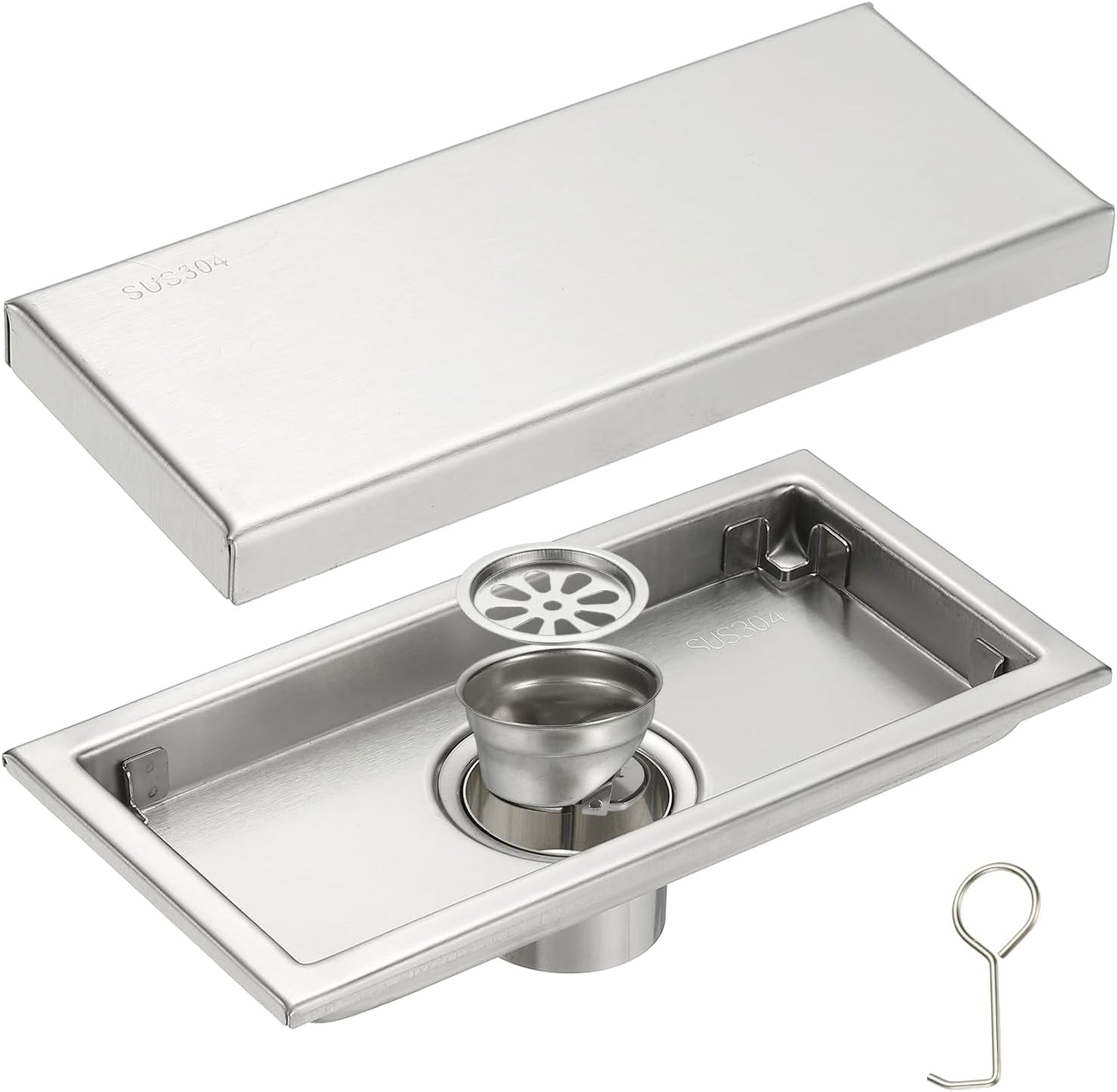 uxcell Rectangular Shower Drain, Brushed 304 Stainless Steel Odor-Proof Floor Drain Linear Shower Drain Hair Catcher for Bathroom Kitchen and Laundry Room(8 Inch, Brushed Silver)