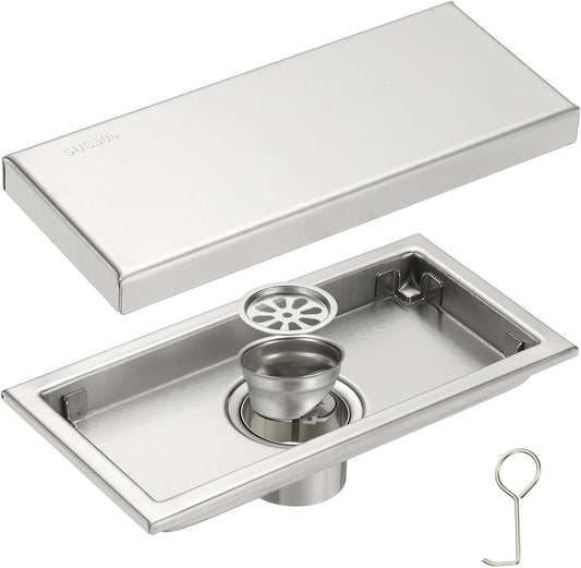 uxcell Rectangular Shower Drain, Brushed 304 Stainless Steel Odor-Proof Floor Drain Linear Shower Drain Hair Catcher for Bathroom Kitchen and Laundry Room(8 Inch, Brushed Silver)