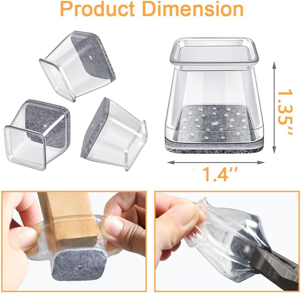 32 Pcs Square Chair Leg Protectors for Hardwood Floors,Felt Furniture Floor Protectors with Silicone Caps, Large Size (Fits Chair Legs with Side Length: 1-1/16'' to 1-5/8''")