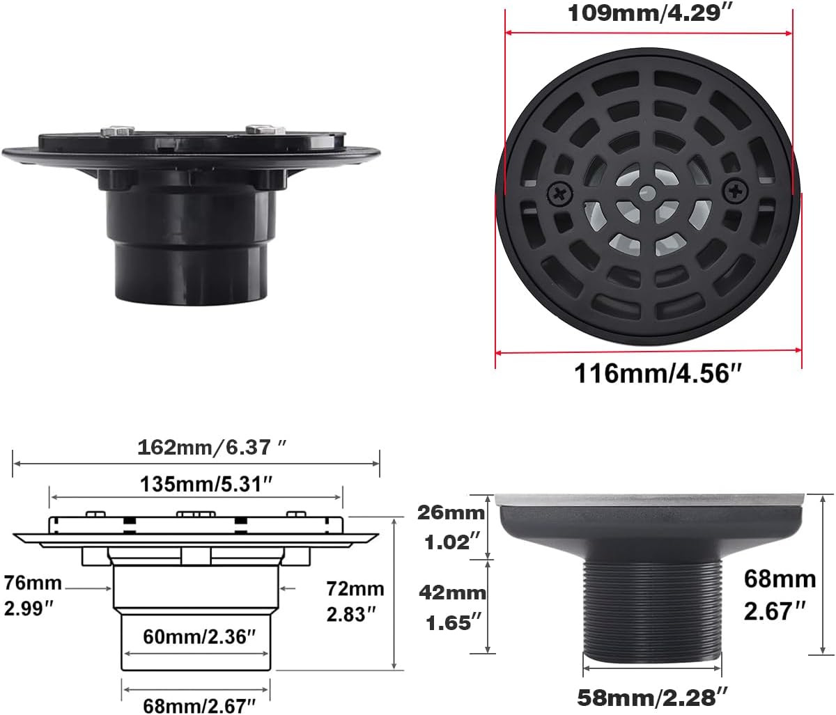 RANDOM Round Shower Drain Kit Matte Black with Adjustable Base Flange,4 Inch Shower Drain Cover with Threaded Adapter,Removable Invisible Look 304 Stainless Steel