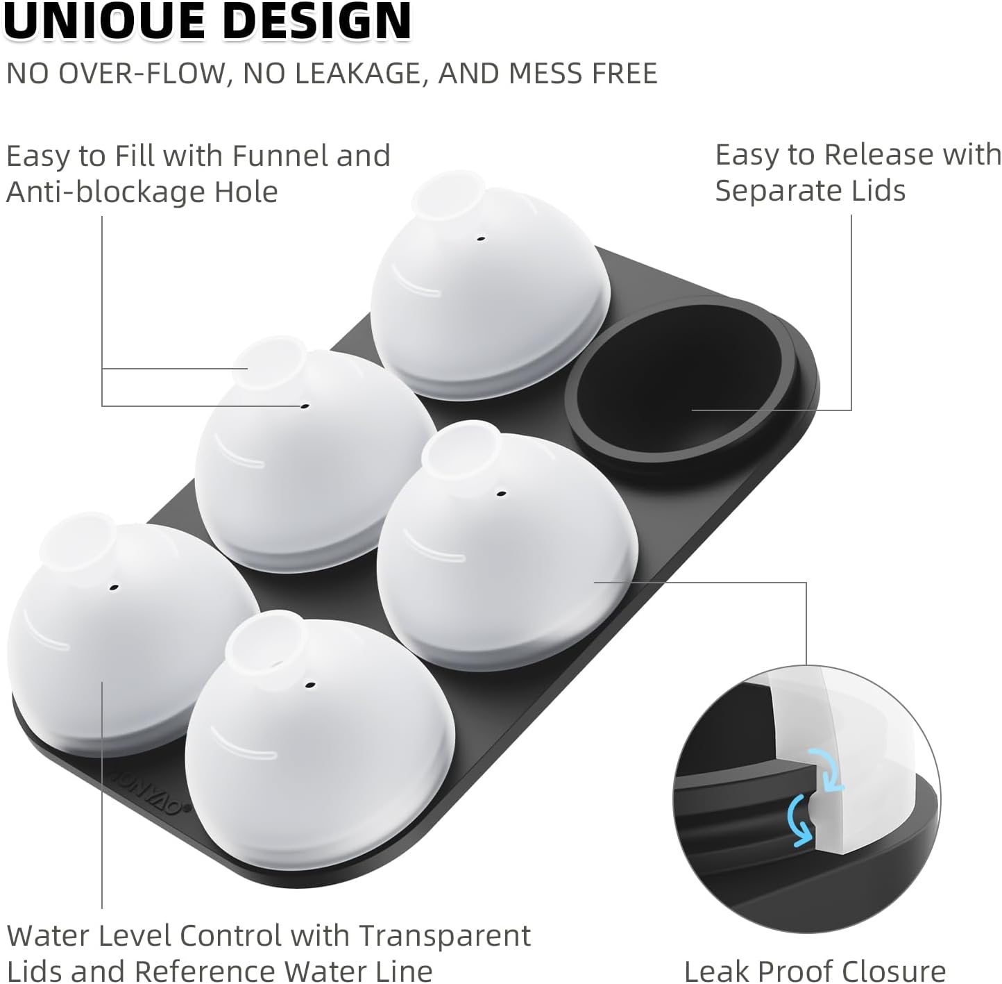 HONYAO Whiskey Ice Ball Mold - 1.8 Inch Silicone Maker With Individual Lid for Easy Fill and Release - 6 Round Sphere Molds for Cocktails and Bourbon