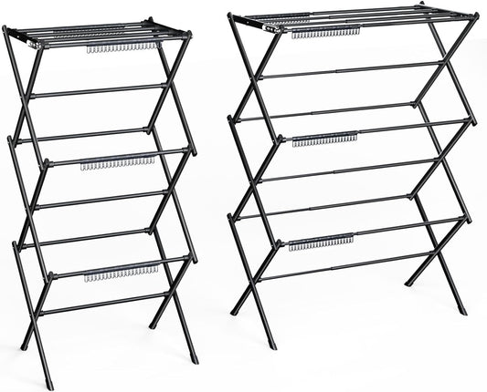 3 Tier Clothes Drying Rack, Foldable Drying Rack Clothing,Indoor & Outdoor Laundry Rack for Drying Clothes,Space-Saving Design, Small Collapsible Portable Dry Rack-Pure Black