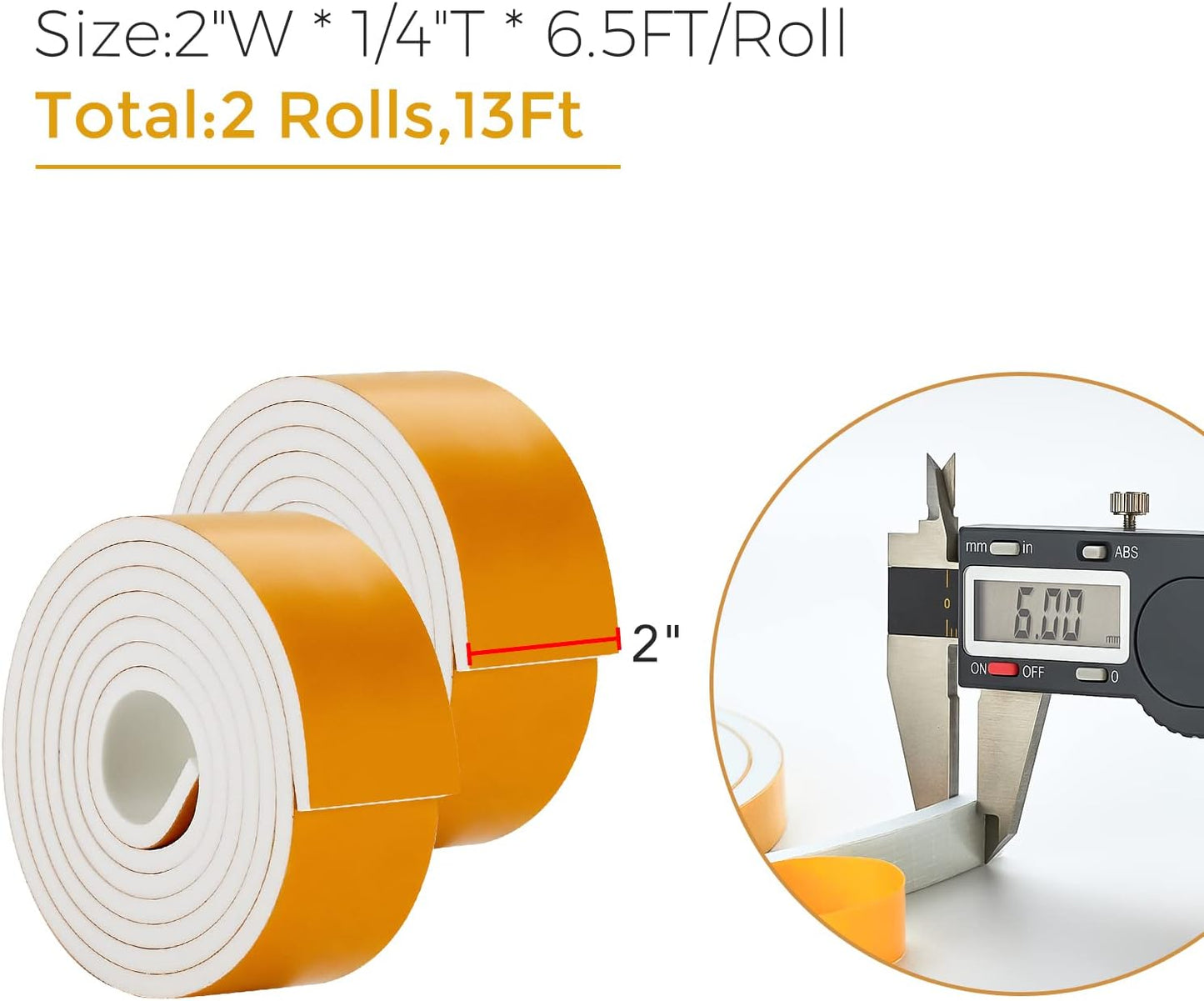 13 Feet Weather Stripping Door Seal, 2" Wide X 1/4" Thick Door Seal Strip High Density Foam Tape Adhesive Strip for Door Soundproofing,Window Insulation (2" x 1/4" x 13FT,White)