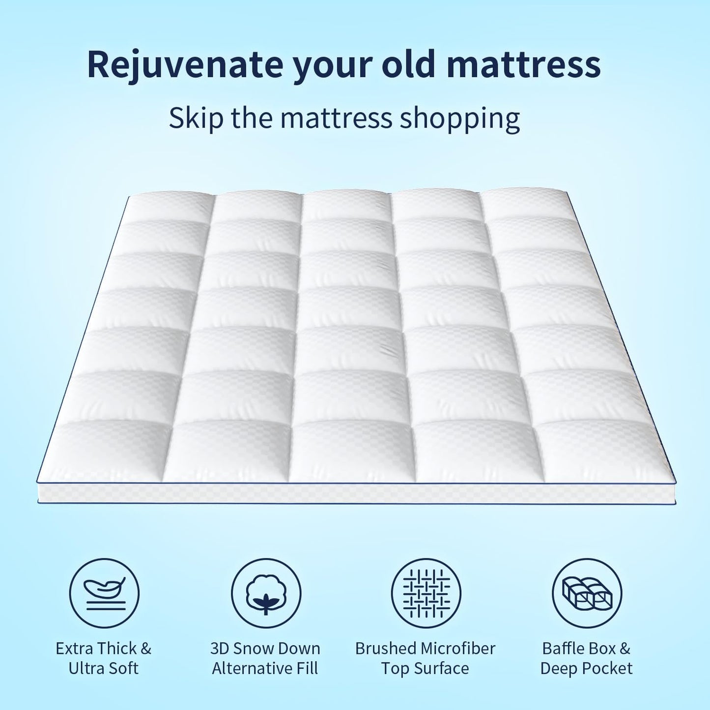 Extra Thick Queen Mattress Topper Pillowtop Mattress Pad Cover Cooling and Plush with 8-21 Inch Deep Pocket 3D Snow Down Alternative Fill