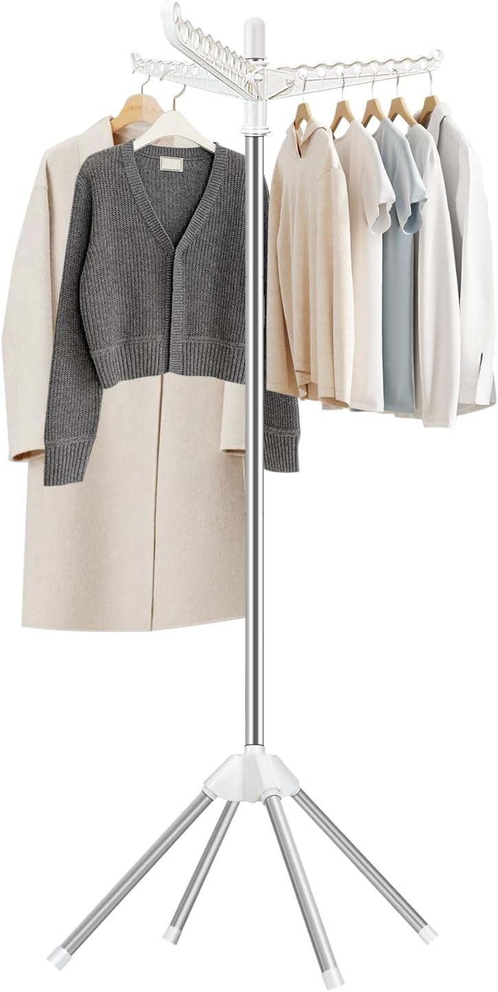 SUYU Clothes Drying Rack, Foldable Drying Rack Clothing, Laundry Drying Rack, 59-Inch Indoor Clothes Airer with 3 Rotatable Arms, Stainless Steel,4 Legs,White and Silver SNJ101