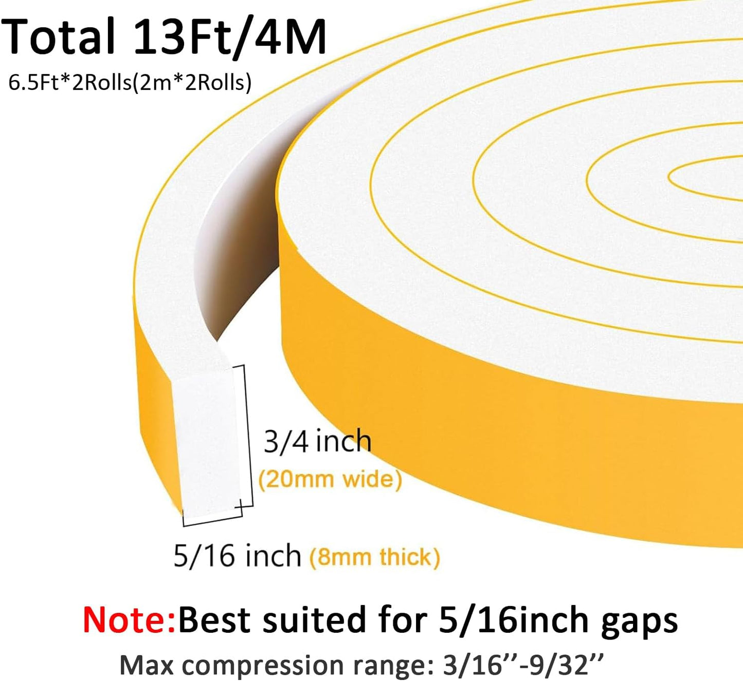 White Weather Stripping, Strong Self Adhesive Weather Stripping Door Seal for Doors and Windows,Closed Cell Weatherstrip, SoundProof Weatherproof Foam Tape (3/4 in x 5/16 in x 13Ft)