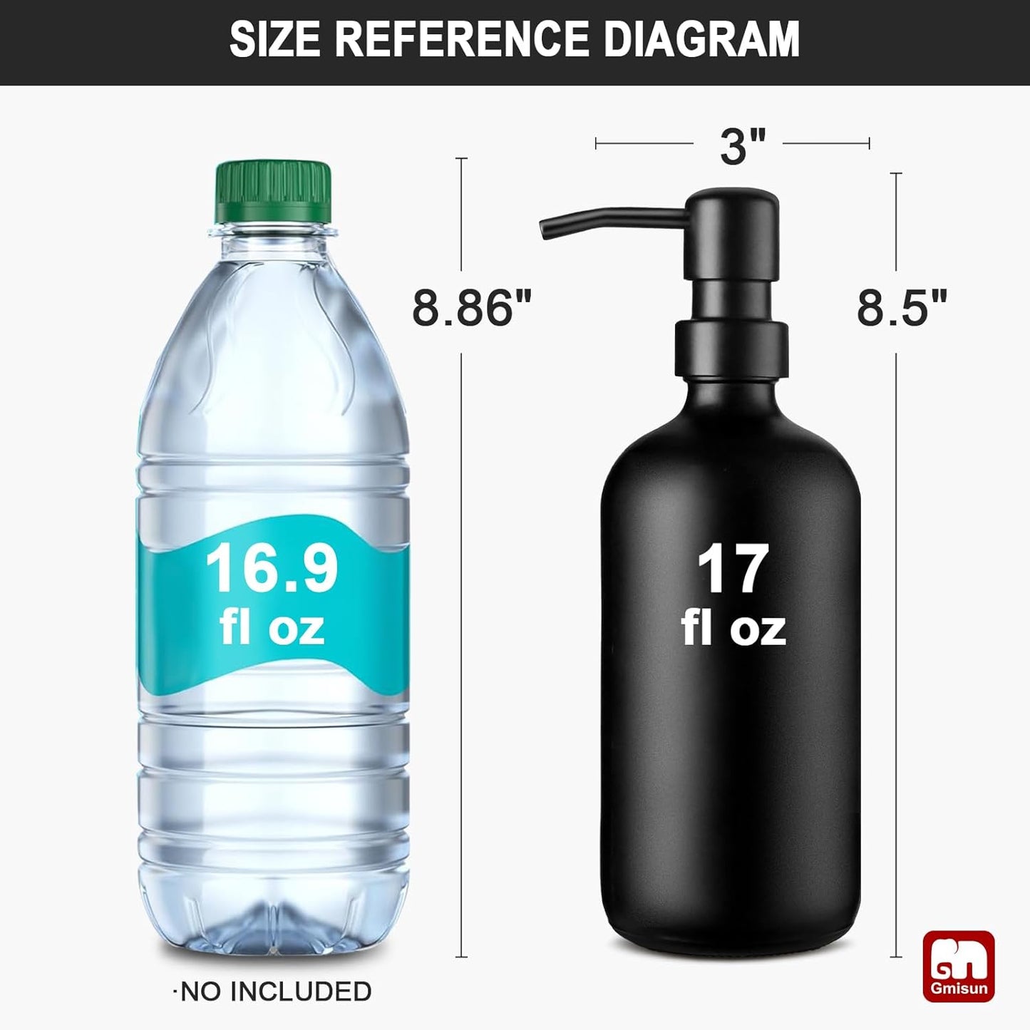GMISUN Black Soap Dispenser, 2 Pack Matte Black Hand Soap Dispensers Bathroom with Stainless Steel Pump, 17 Fl Oz Glass Dish Soap Dispenser Set for Kitchen, Modern Liquid Soap Bottle with Labels
