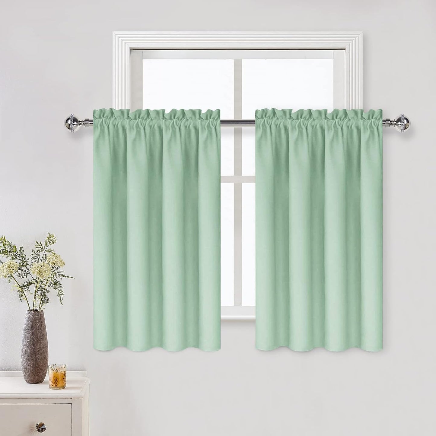 DWCN Thermal Short Blackout Curtains for Bedroom/Kitchen, Energy Saving Room Darkening Curtains for Nursery/Bedroom/Kitchen(W42 x L36 inch，Light Green, Set of 2 Panels, Top of Rod Pocket)