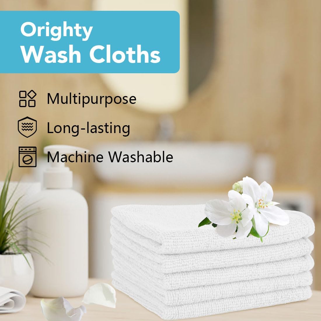 Orighty Wash Cloths Bulk Towels Set 200 Pack, Highly Absorbent and Soft Feel Microfiber Face Cloths, Multi-Purpose White Washcloths & Hand Towels for Bathroom, Hotel, Spa, and Gym, 12x12 Inch