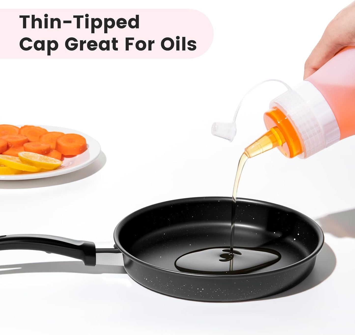 Condiment Squeeze Bottles, 16 oz Silicone Squeeze Bottles For Sauces, Leak Proof Condiment Containers with Extra Interchangeable lid, Easy Squeeze for Oil, Honey & Dressings, BPA FREE (4 Pack)