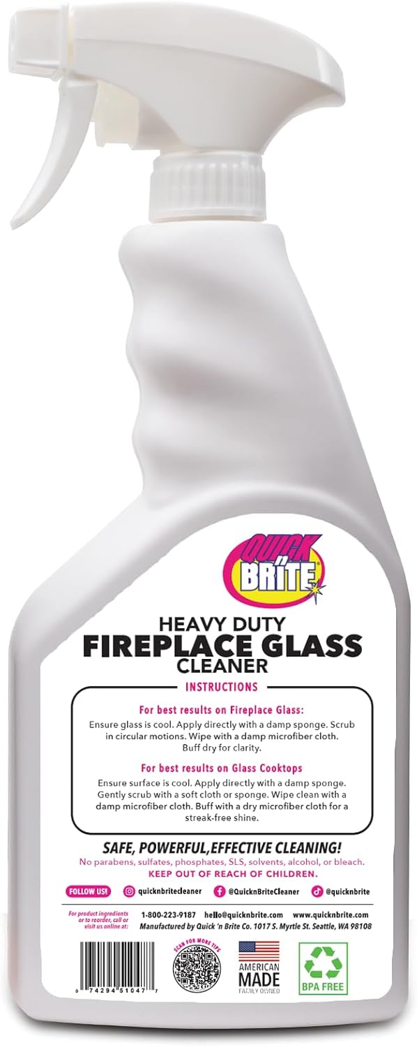 Quick N Brite Fireplace Glass Cleaner 24oz, Nonabrasive Cleaning Spray for Fireplace Glass, Oven Glass, Glass Cooktops, Ceramic-Glass, Microwave Glass