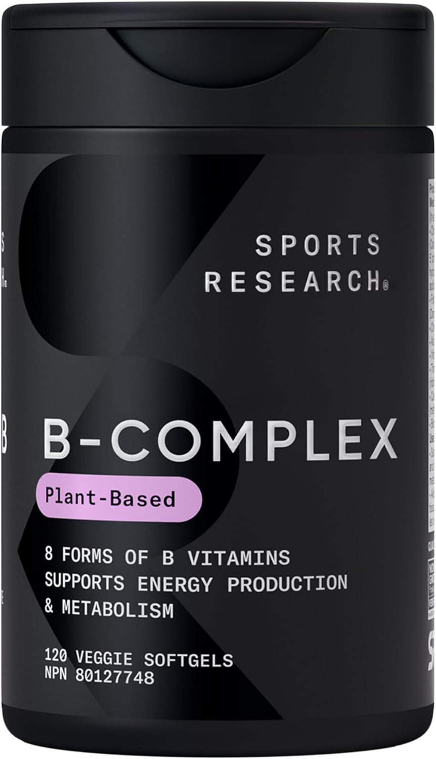 Sports Research® Vitamin B-Complex - Full Spectrum of B Vitamins with Methylated B12 & Folate - Gluten Free · Plant-Based · Non-GMO · Vegan-Friendly Formula - 120 Veggie Softgels
