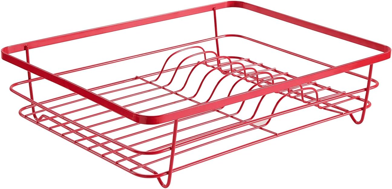 Dish Drying Rack 3 Piece Dish Drainer with Drainboard Set for Kitchen Counter – Dish Rack with Removable Utensil Holder & Swivel Spout for Countertop – DishRack for Plates, Cups & Organization, Red